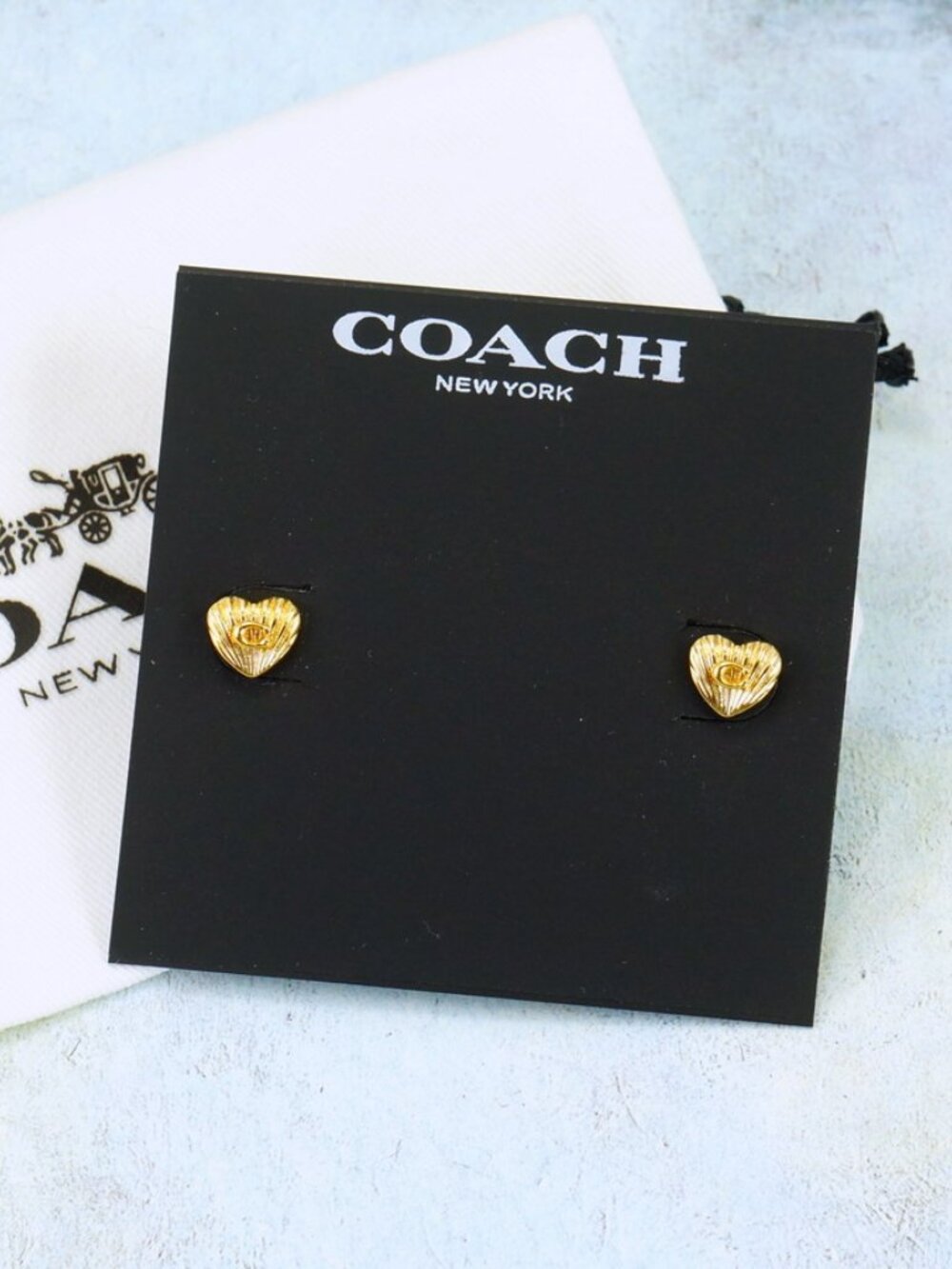 Coach Signature Logo Heart Stud Earrings Gold Plated